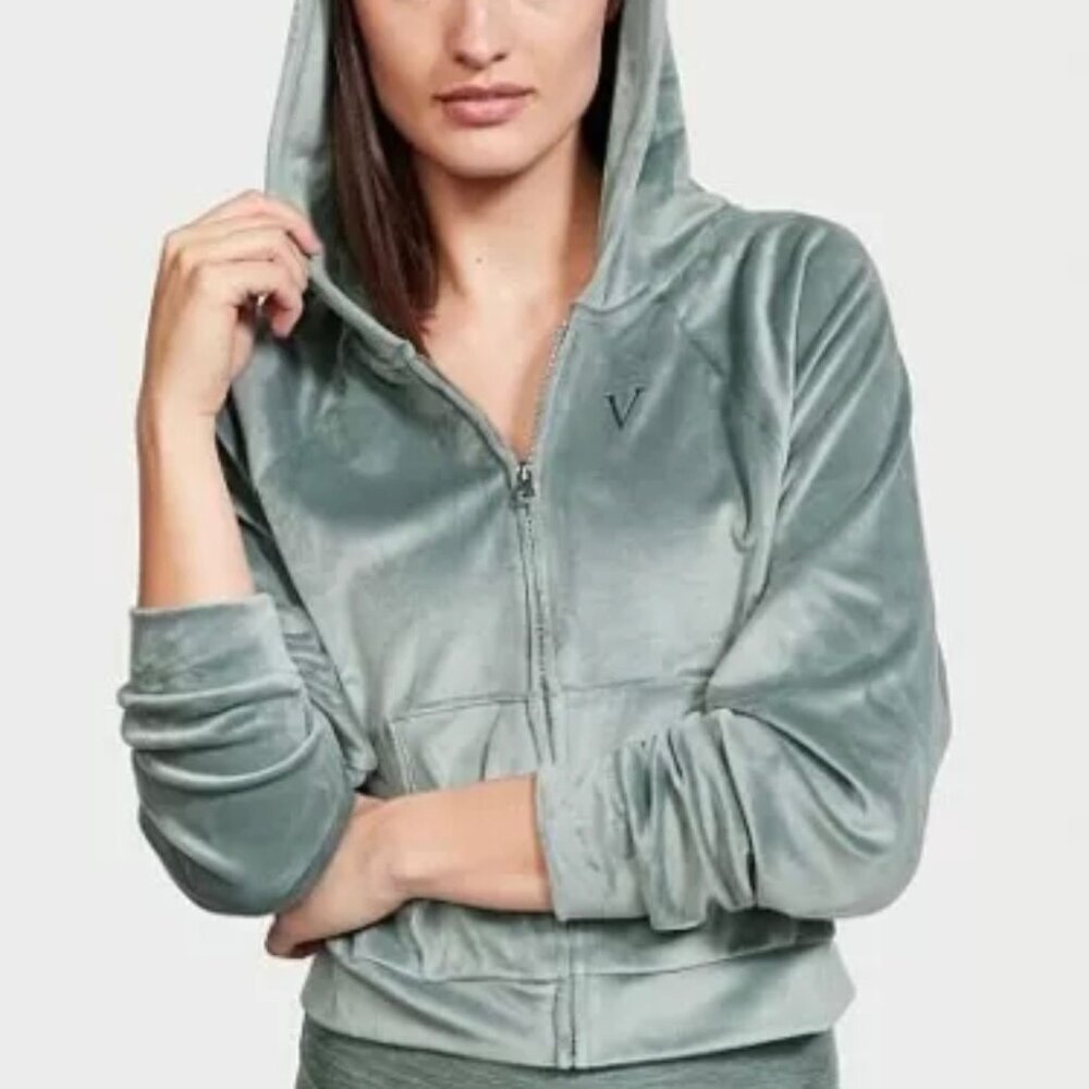 Victoria's Secret Velour Zip up Crop Hoodie Sage Green Women’s Size Small